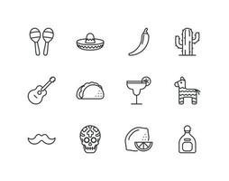 Cinco de Mayo and day of the dead line icon set with Mexico related icons vector