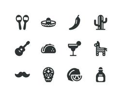 Cinco de Mayo and day of the dead solid glyph icon set with Mexico related icons vector