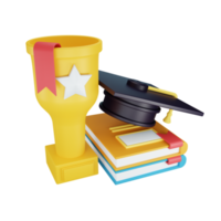 3d Renderização Educação conceito com graduação chapéu, troféu e colorida livros png