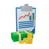 3d representación informes concepto con portapapeles, reporte o declaración y vistoso dinero png