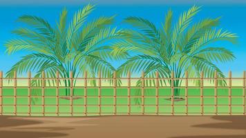 Beautiful coconut palms trees garden with green field and blue sky background vector