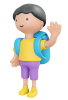 3d Rendern glücklich Junge Mädchen winken Hand sagen Hallo mit Rucksack isoliert auf Weiß Karikatur Stil. 3d machen Illustration. png