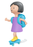 3d le rendu content étudiant fille patinage avec sac à dos dessin animé style. 3d rendre illustration. png