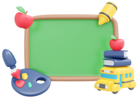 3D Rendering back to school blackboard template cartoon style. 3D Render illustration. png