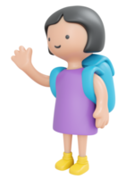 3D Rendering happy girl waving hand say hello with backpack cartoon style. 3D Render illustration. png
