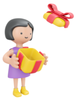 3D Rendering happy girl holding gift box open cartoon style. 3D Render illustration. png