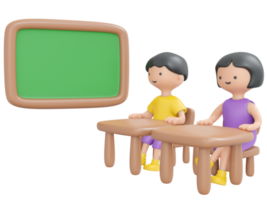 3d representación contento chico niña sentado en escritorio estudiar en colegio salón de clases con tablero dibujos animados estilo. 3d hacer ilustración. png