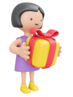 3D Rendering happy girl holding gift box cartoon style. 3D Render illustration. png