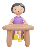 3D Rendering happy girl sitting on desk study in school classroom cartoon style. 3D Render illustration. png