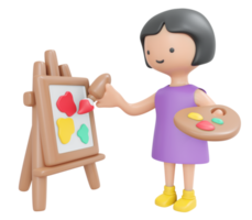 3D Rendering happy girl painting artwork cartoon style. 3D Render illustration. png