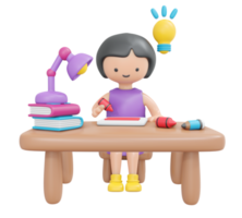 3d interpretazione contento ragazza seduta su scrivania studia compiti a casa cartone animato stile. 3d rendere illustrazione. png