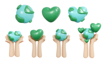 3D Rendering of eco care environmental set of hand holding earth and heart icon concept of World Environment Day. 3D Render illustration cartoon style. png