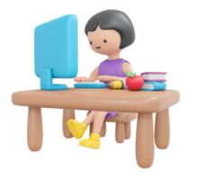 3D Rendering happy girl sitting on desk study online on computer cartoon style. 3D Render illustration. png