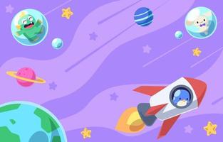 Space Background with Cute Rabbit, Bird and Alien vector