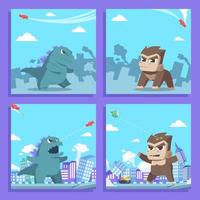 Lizard Monster Versus King Kong in Cute Cartoon Style Social Media Post vector