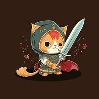 Cute cartoon cat knight in armor with sword. Vector illustration. Brave and cute at the same time.