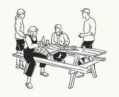 Aesthetic Hand-Drawn picnic scene illustration line art vector