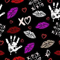 Vector fashion sketch. Glamour seamless pattern with red lips, xoxo, hearts.Girlish print for clothes, textiles, wrapping paper, web.