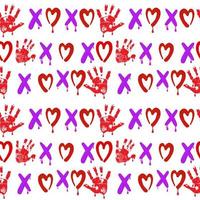 Seamless pattern of handmade watercolor lettering hoho with a heart and a child's palm on a white background. Hand drawn doodle Hearts and words of love. vector