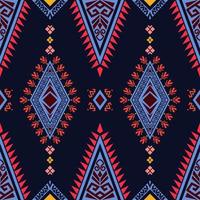 The geometric abstract fabric pattern in traditional tribal style. Ancient tribal motifs in vivid colors on dark blue background. The pattern design for textiles, clothing, wrapping, and carpet. vector