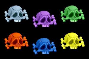 Colored human skulls and crossbones. Roger symbols. Vector Pirate scull icons.