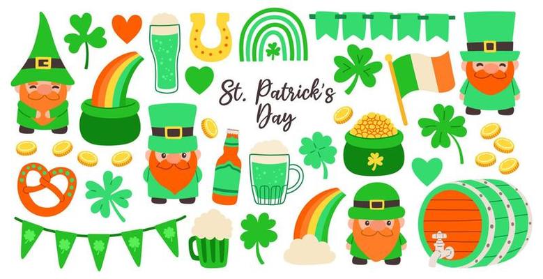 Set of St. Patricks Day symbols. Collection of elements clover, leprechaun hat, pot of gold coin, green beer.