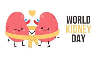 World kidney day card, vector illustration with cute cartoon couple of kidney in yellow scarf.
