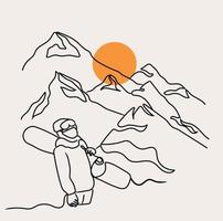 minimalista montaña línea arte, paisaje contorno dibujo, deporte ilustración, vector diseño, naturaleza, pino árbol, bosque, tabla de snowboard deporte