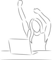 Happy woman with laptop, vector. Hand drawn sketch. vector