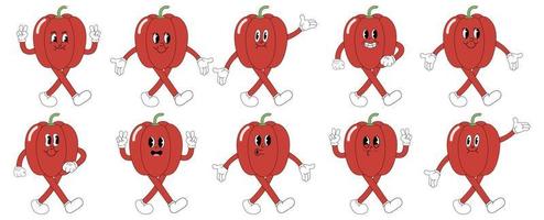 A Set of bell pepper cartoon groovy stickers with funny comic characters, gloved hands. Modern illustration with legs and arms. vector
