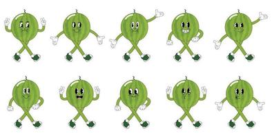 A Set of watermelon cartoon groovy stickers with funny comic characters, gloved hands vector