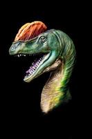 el cabeza de dilophosaurus en el oscuro , dinosaurio en negro antecedentes foto