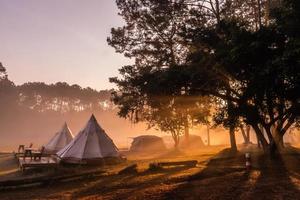 Tent camping in the morning . At Thung Salaeng Luang National Park Phetchabun Province, Thailand photo