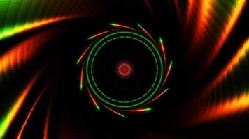 vj loop rotating circle in round shimmering orange green tunnel abstract background. 4k footage video