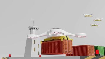 delivery drone and shipping container with conveyor for import export, air traffic, logistic service of the future concept, 3d animation video
