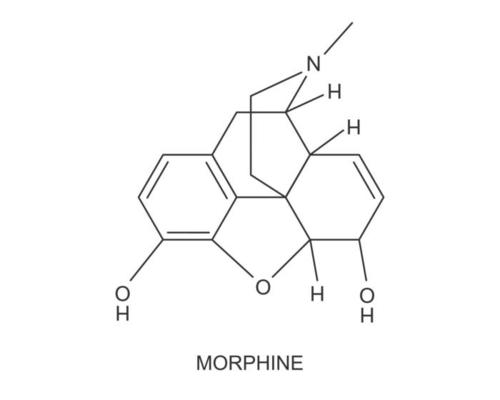 Morphine chemical molecular structure icon. Medical opioid drug formula. Alkaloid with analgesic painkiller effect