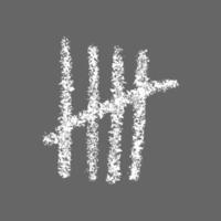 Chalk drawn tally mark on gray background. White hand drawn sticks sorted by four and crossed out by slash line. Counting stripes on chalkboard. Unary numeral system sign vector