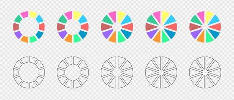 Donut charts divided in 10 multicolored and graphic sections. Infographic wheels set. Circle diagrams or loading bars. Round shapes cut in ten equal parts vector
