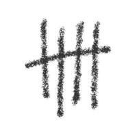 Charcoal tally mark. Hand drawn sticks sorted by four and crossed out by slash line. Day counting symbol on jail wall. Unary numeral system number 5 sign vector