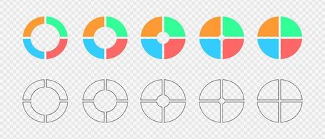 Donut charts. Set of infographic wheels divided in 4 multicolored and graphic sections. Circle diagrams or loading bars. Round shapes cut in four equal parts vector