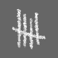 Chalk drawn tally mark on gray chalkboard background. Four white hand drawn sticks crossed out by slash line. Unary numeral system symbol of number 5 vector