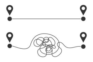 Derecho y curvo rutas desde comienzo a terminar mapa patas señales. fácil y difícil forma, ideal y real plan, rápido y lento entrega concepto vector