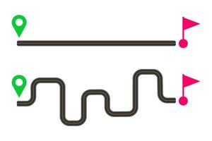 Derecho y curvo carreteras con margen desde comienzo mapa alfiler a terminar bandera signo. fácil y difícil forma, rápido y lento entrega, corto y largo camino, ideal y real plan concepto vector