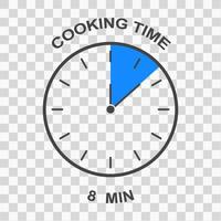 Cooking time icon. Clock face with 8 minute time interval. Timer symbol. Infographic element for food preparation instructions vector