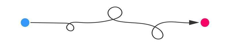 Curved line with direction arrow from start to finish points. Difficult way, chaotic path, hard route, challenge symbol vector