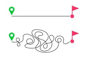 Straight and curved paths from start map pin to finish flag sign. Easy and hard way, fast and slow delivery, expectation and reality plan, ideal and real life concept vector