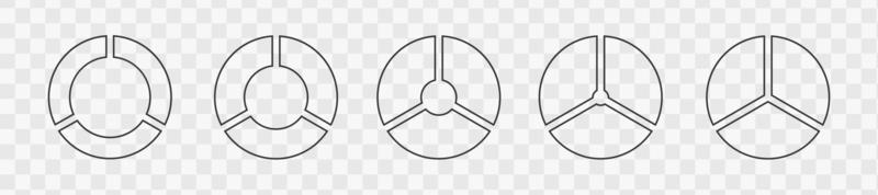 Outline donut charts segmented on 3 equal parts. Set of infographic wheels divided in three sections. Round diagrams or loading bars vector