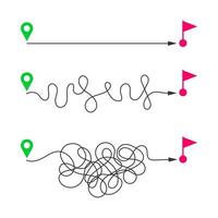 Derecho y curvo rutas desde comienzo mapa patas a terminar banderas rápido y lento entrega, fácil y difícil plan, corto y largo forma, ideal y difícil vida, objetivo lograr niveles vector