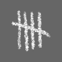 Chalk drawn tally mark sign. Four hand drawn sticks crossed out by slash line isolated on gray background. White counting stripes on chalkboard. Unary numeral system vector