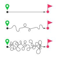 Derecho y curvo líneas desde comienzo mapa patas a terminar banderas rápido y lento entrega, fácil y difícil forma, corto y largo camino, ideal y difícil vida, objetivo lograr niveles vector